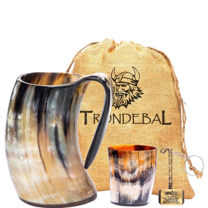 Trondebal Viking Drinking Horn Mug  15-20 Oz Natural Ox Horn Cup & Cofee Stein | Cool Unique Gift for Men and Women  Home Decor Accessories | Shot Glasses for Beer  Ale  Whiskey  Mead - Image 1